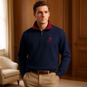 Vintage Oscar de la Renta O.D.L.R. Crest Quarter‑Zip Pullover, Navy, Size L